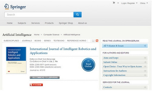 《智能机器人与应用国际期刊》登陆施普林格